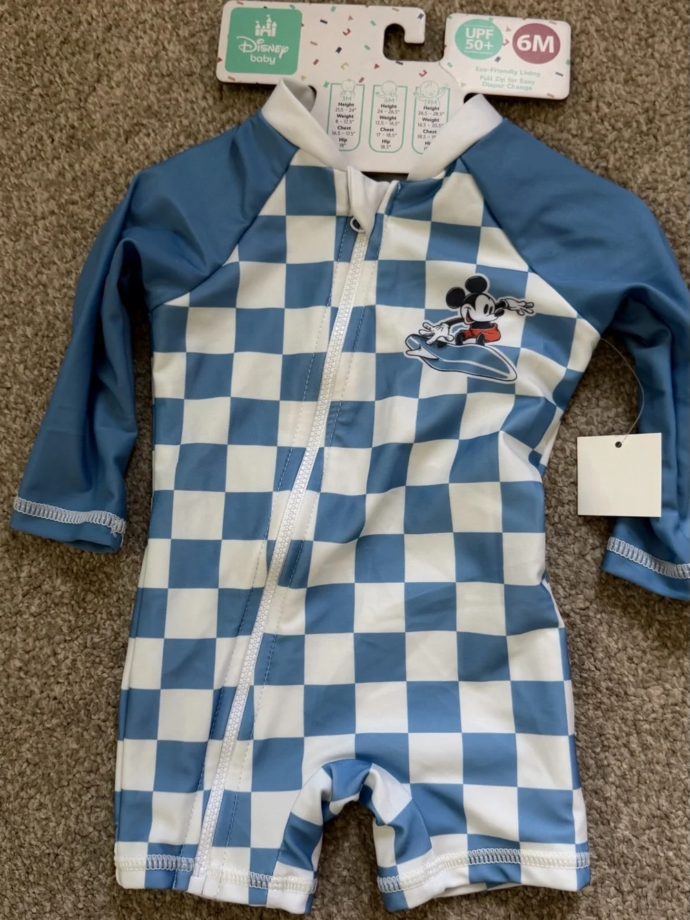 NWT Disney Baby Mickey Checkered Rash Guard Sunsuit - Blue & White 6month